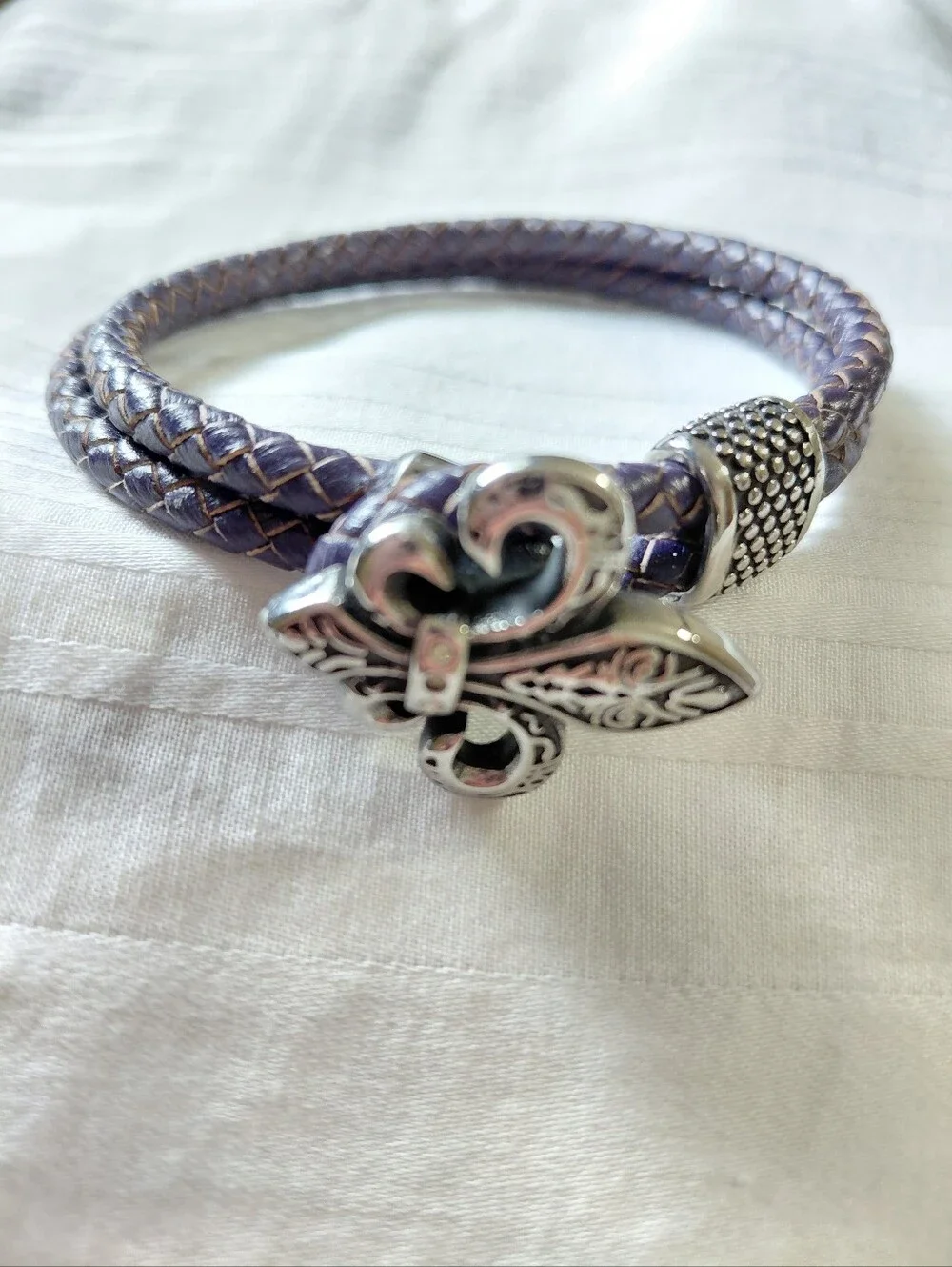 Silver Fluer De Lis Braided Bracelet